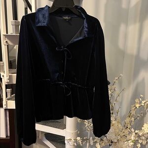 Elegant Navy Velvet Blouse size large buttons and bows so sweet